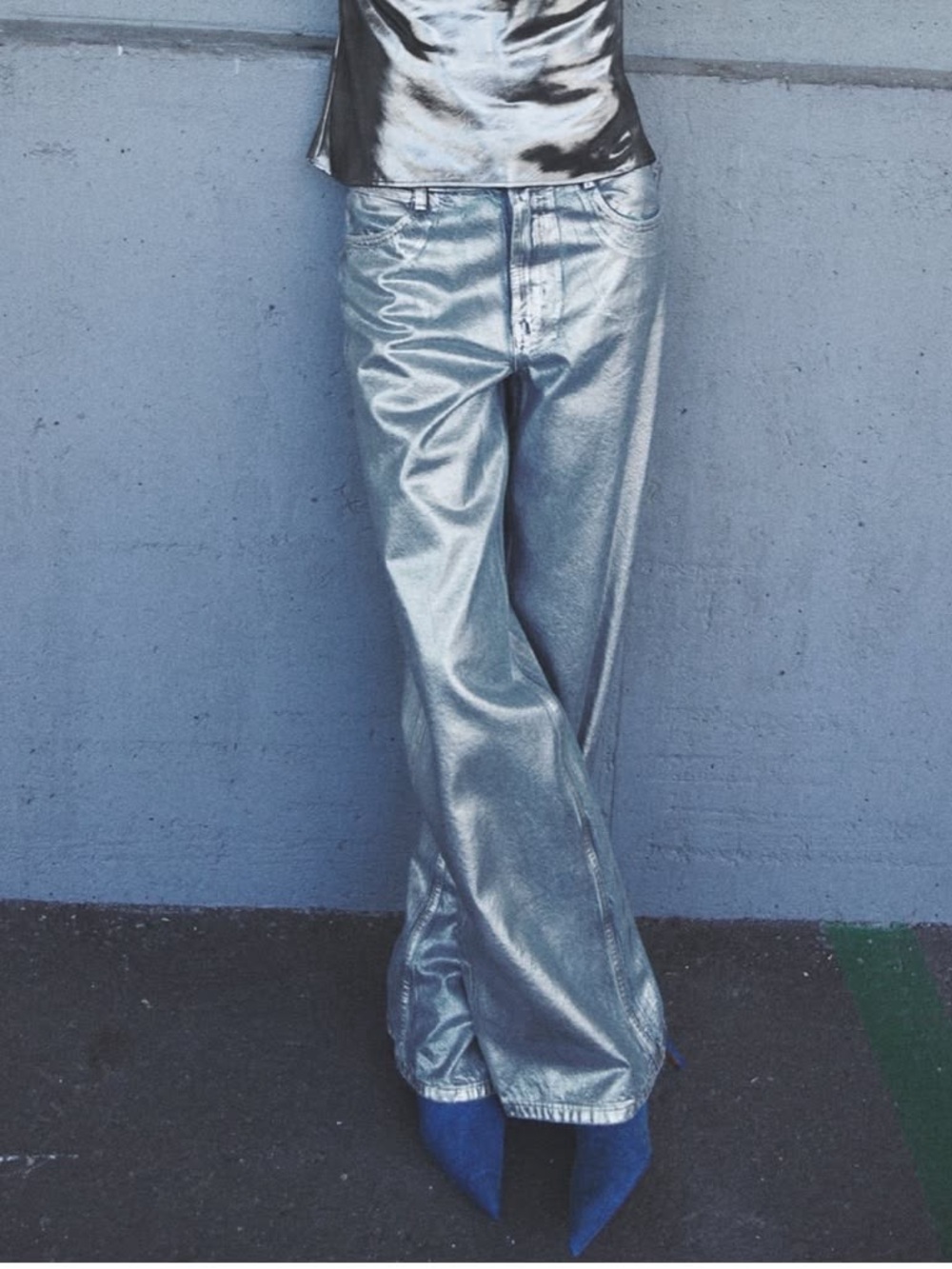 Zara Baggy Metallic Silver/Blue Wide-Leg Pants